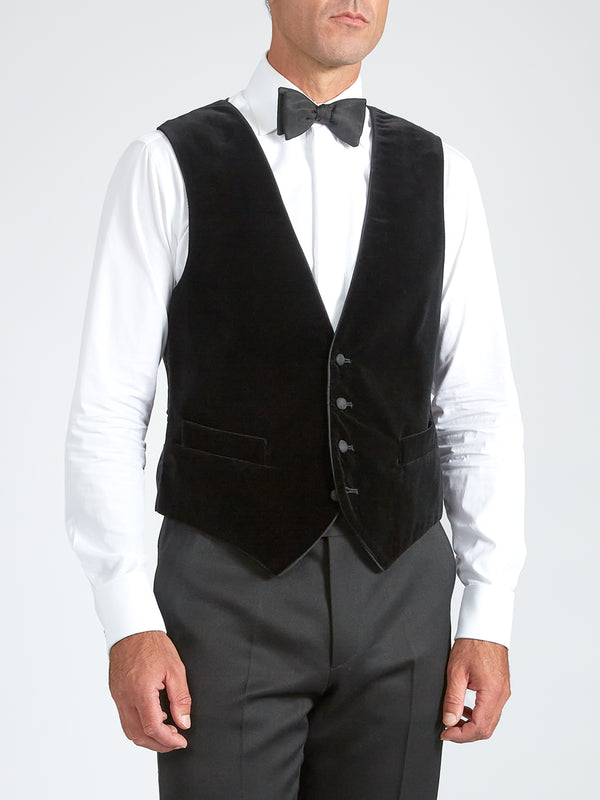 favourbrook Black Velvet Cotton Single Breasted 4 Button Waistcoat with Piping