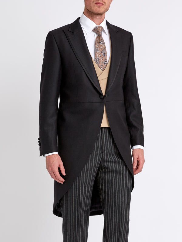 Favourbrook Black Windsor Herringbone Wool Morning Coat With Trim