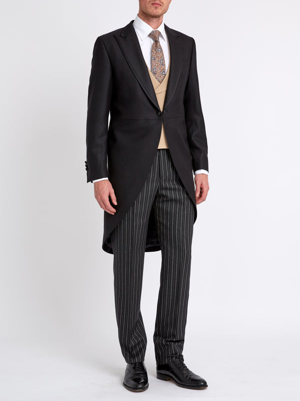 favourbrook Black Windsor Herringbone Wool Morning Coat with trim