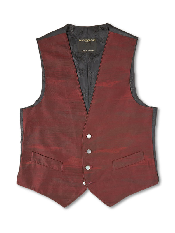 favourbrook Burgundy Ikat Silk Single Breasted Waistcoat with Piping
