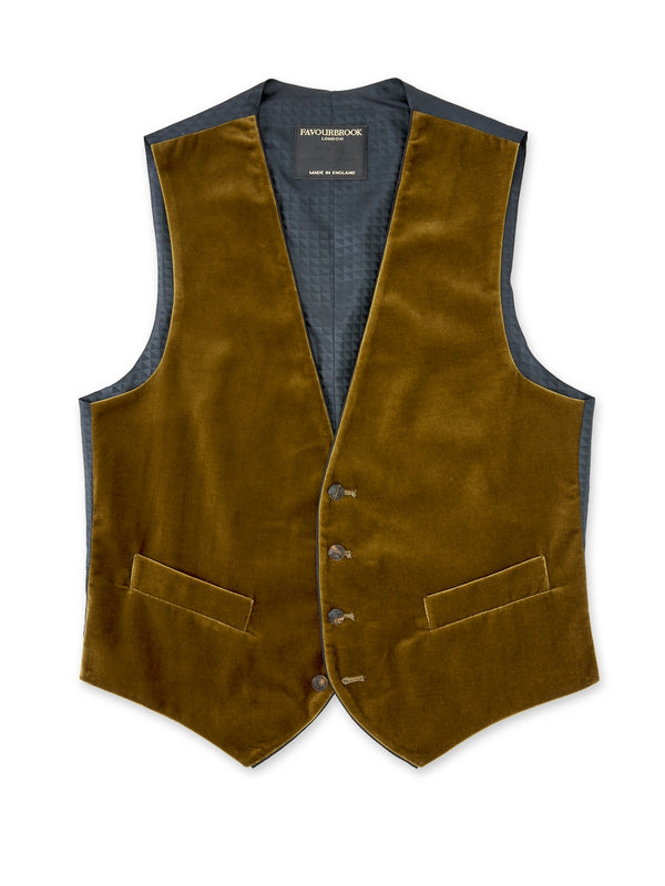 Favourbrook Cardamon Velvet Cotton Single Breasted Waistcoat With Piping