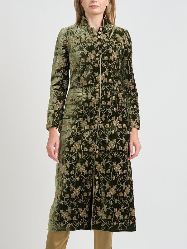 Favourbrook Carnaby Coat Taupe Green Oakleigh Silk Velvet