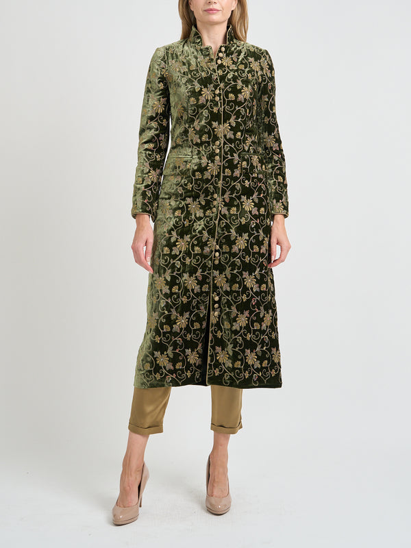 favourbrook Carnaby Coat Taupe Green Oakleigh Silk Velvet