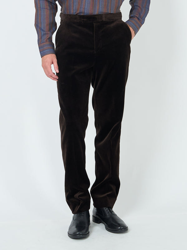 favourbrook Chocolate Brown Velvet Cotton Flat Front Dress Trouser