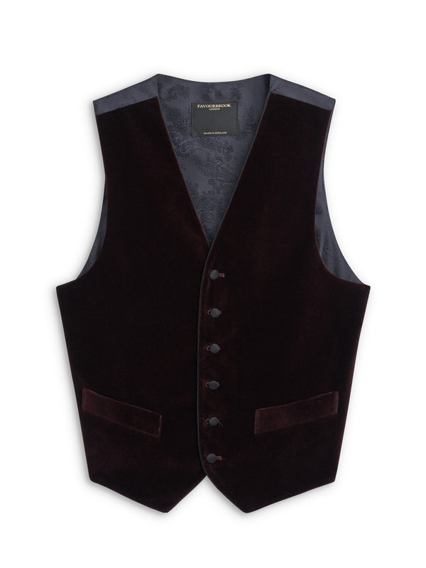 favourbrook Claret Velvet Cotton Single Breasted Waistcoat with Piping