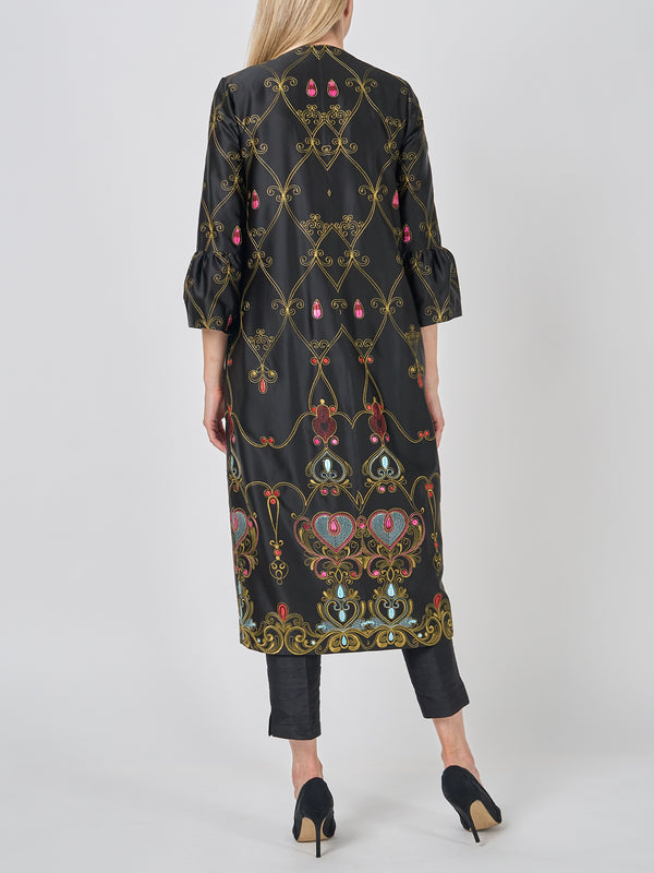 Favourbrook Collarless Duster Coat Black Blythe Duchesse Satin