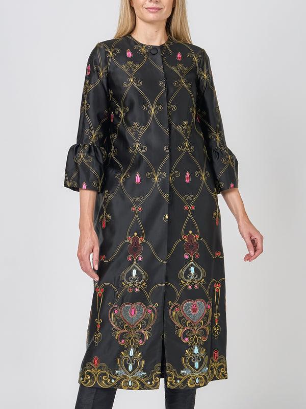 Favourbrook Collarless Duster Coat Black Blythe Duchesse Satin