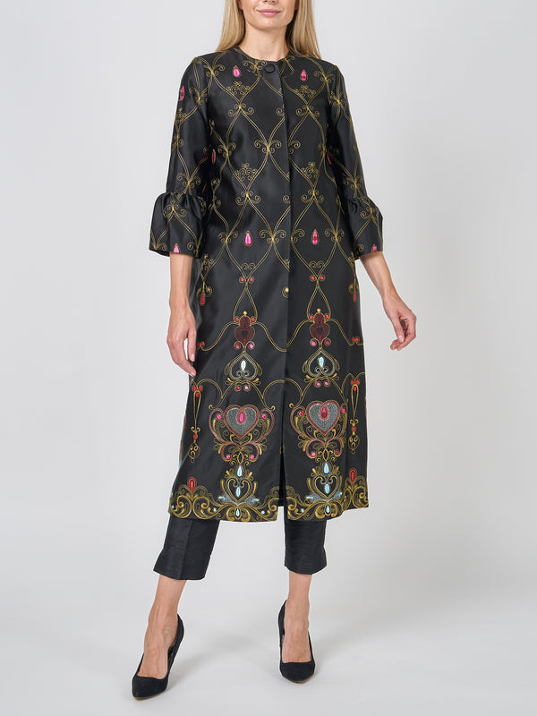 favourbrook Collarless Duster Coat Black Blythe Duchesse Satin