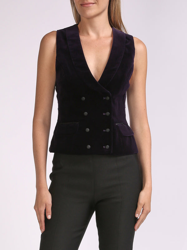 Favourbrook Double-Breasted Aubergine Plain Velvet Waistcoat
