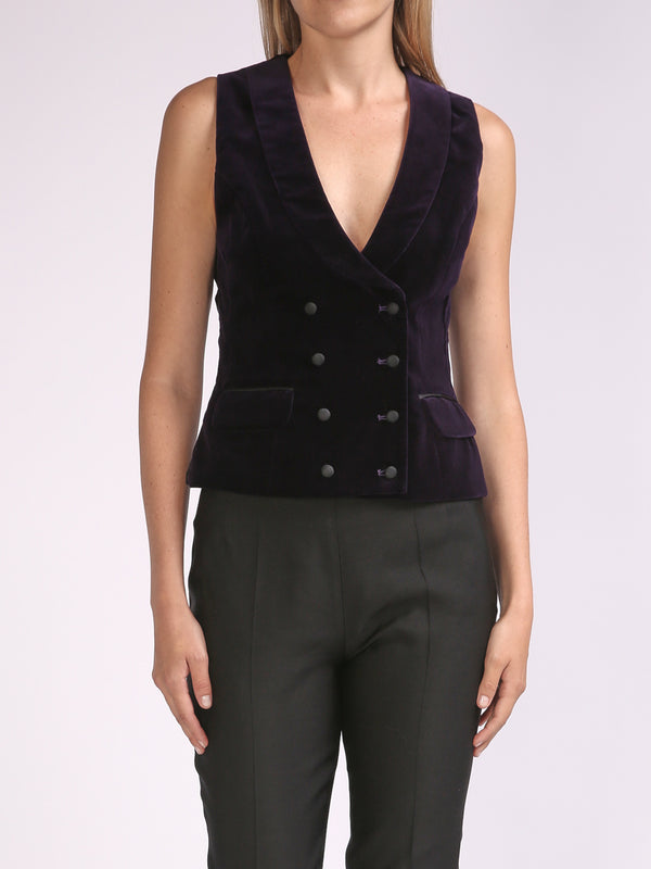 favourbrook Double-Breasted Aubergine Plain Velvet Waistcoat