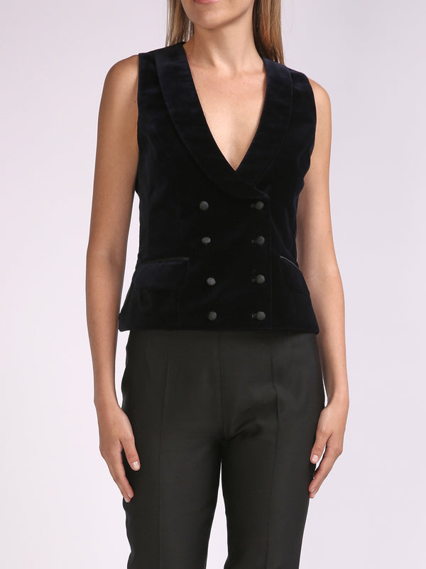 Favourbrook Double Breasted Navy Plain Cotton Velvet Waistcoat
