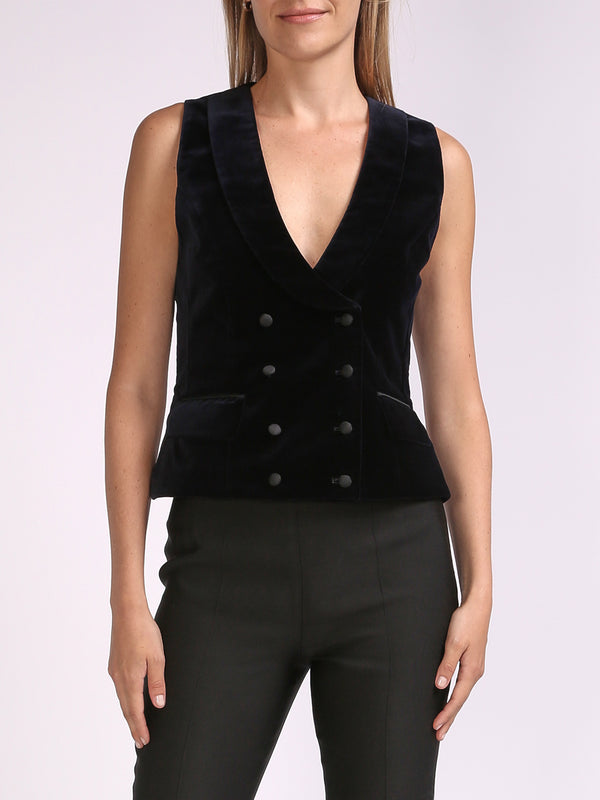 favourbrook Double Breasted Navy Plain Cotton Velvet Waistcoat