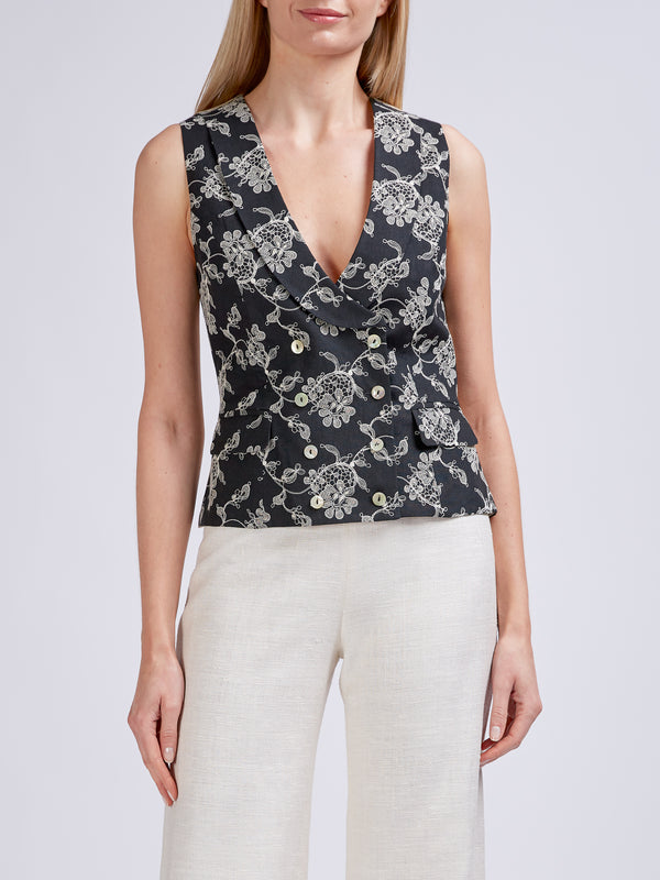 favourbrook Double Breasted Waistcoat Black Brett Linen