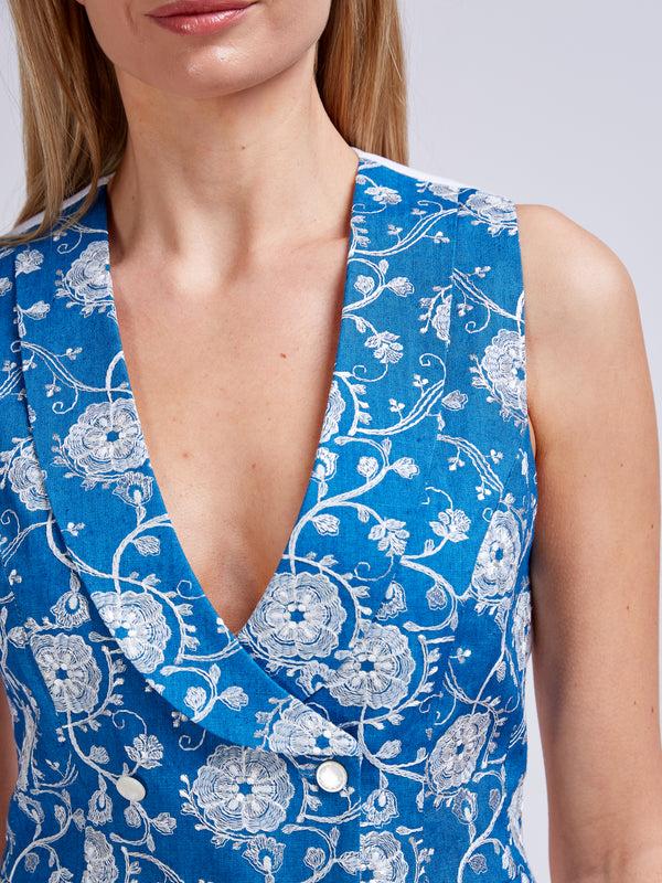 Favourbrook Double-Breasted Waistcoat Cobalt Peasenhall Linen