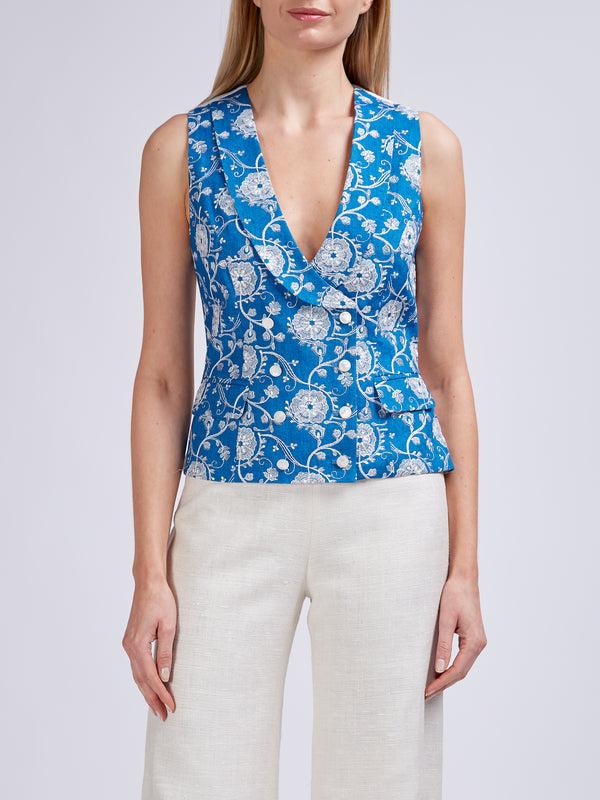 favourbrook Double-Breasted Waistcoat Cobalt Peasenhall Linen