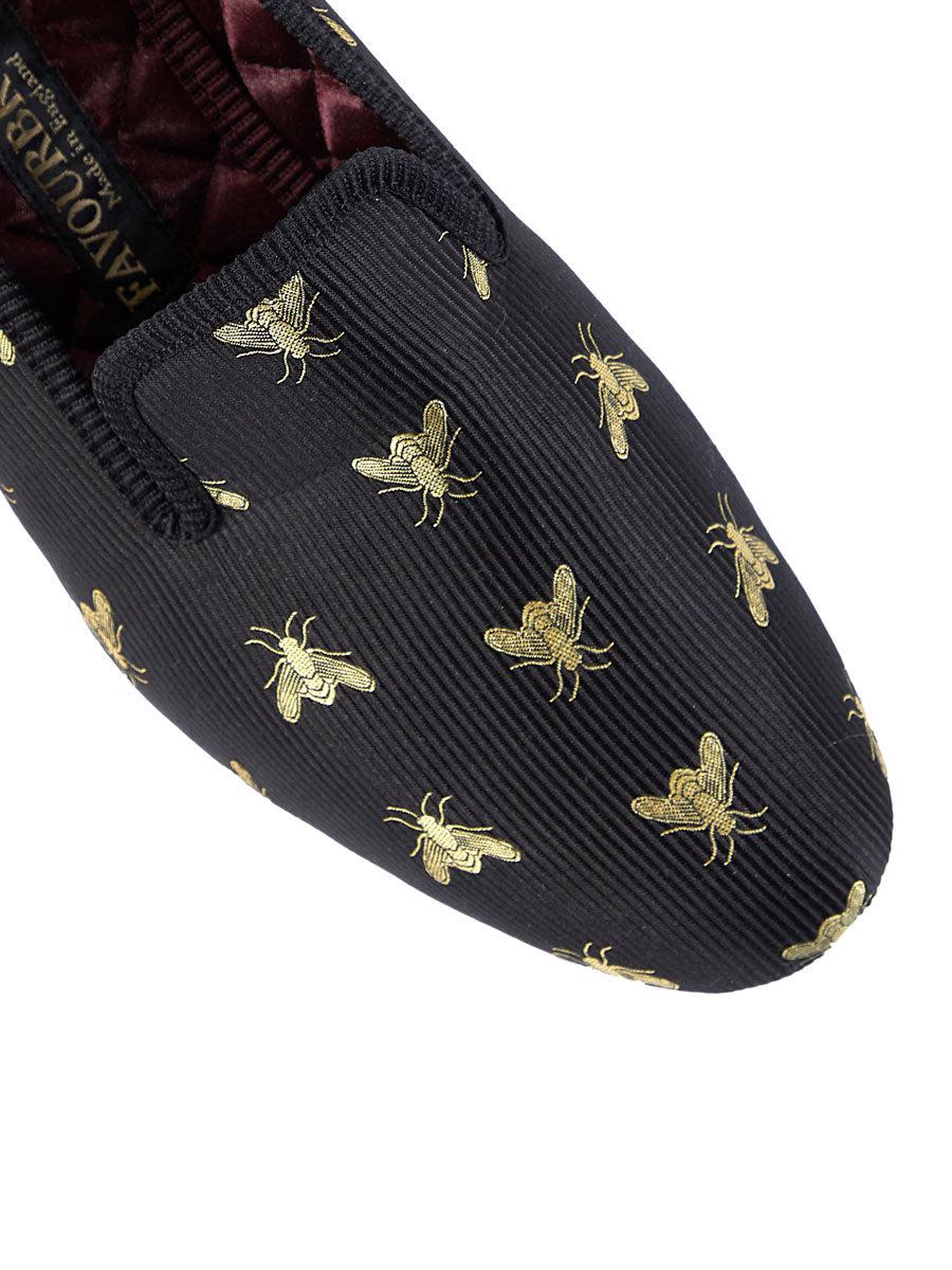 Favourbrook Black Bees Silk & Leather Slippers