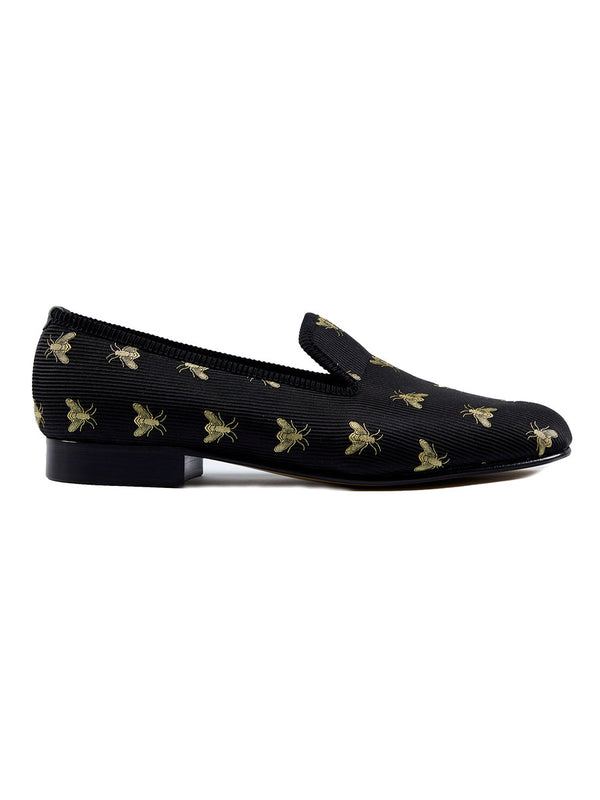 favourbrook Black Bees Silk & Leather Slippers