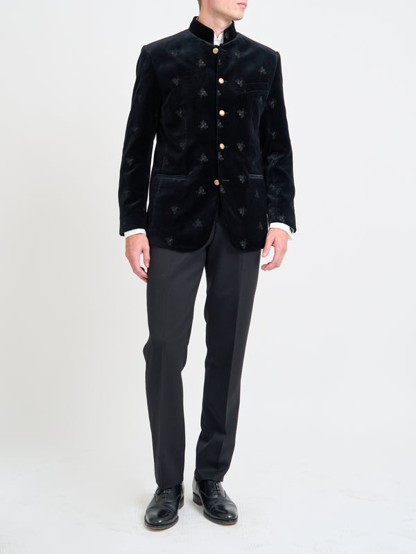 Favourbrook Black Bees Velvet Cotton Nehru Jacket
