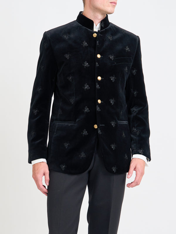 favourbrook Black Bees Velvet Cotton Nehru Jacket
