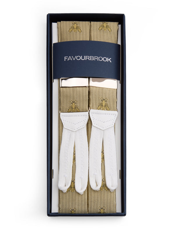 favourbrook Gold Bees White Leather Silk Braces