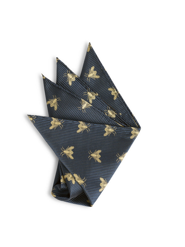 favourbrook Navy Gold Bees Silk Pocket Square