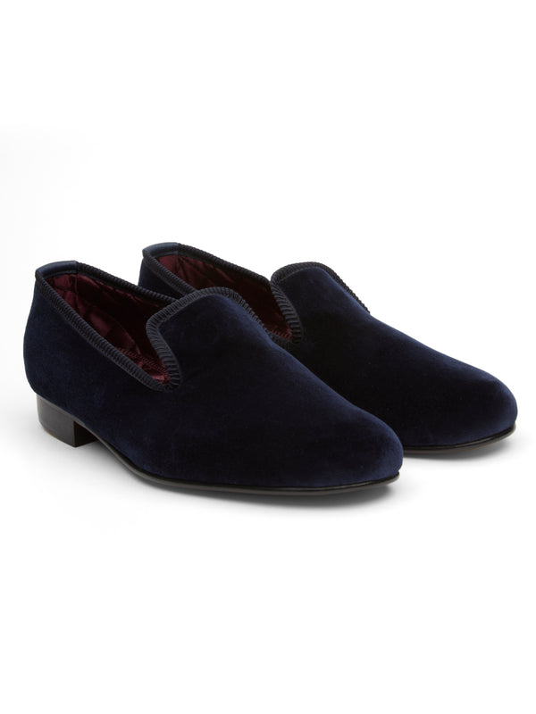 Favourbrook Navy Velvet Cotton & Leather Slippers