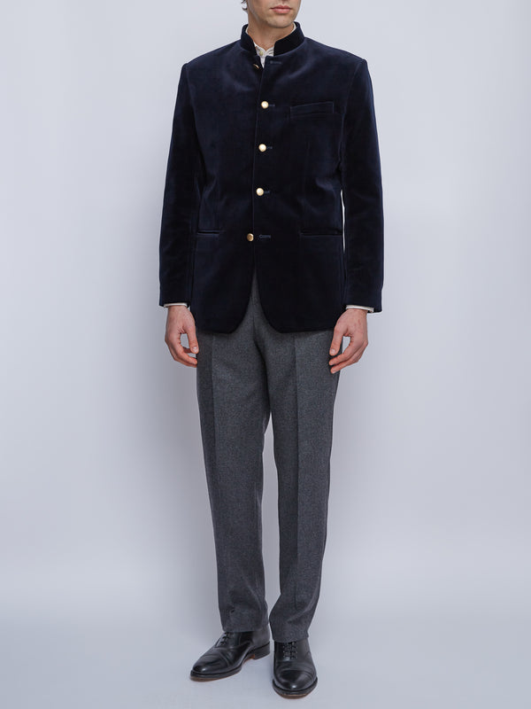 favourbrook Navy Velvet Nehru Jacket Button Cuff