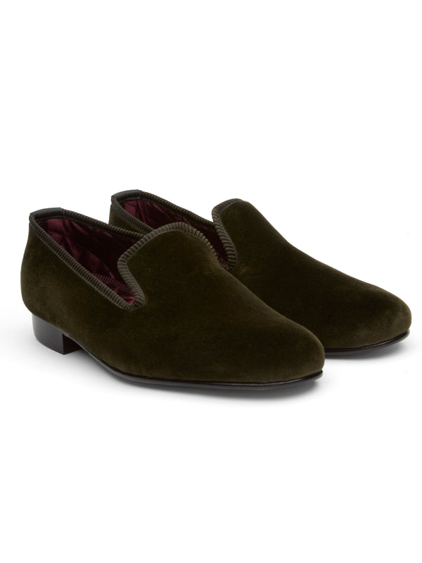 Favourbrook Olive Velvet Cotton & Leather Slippers