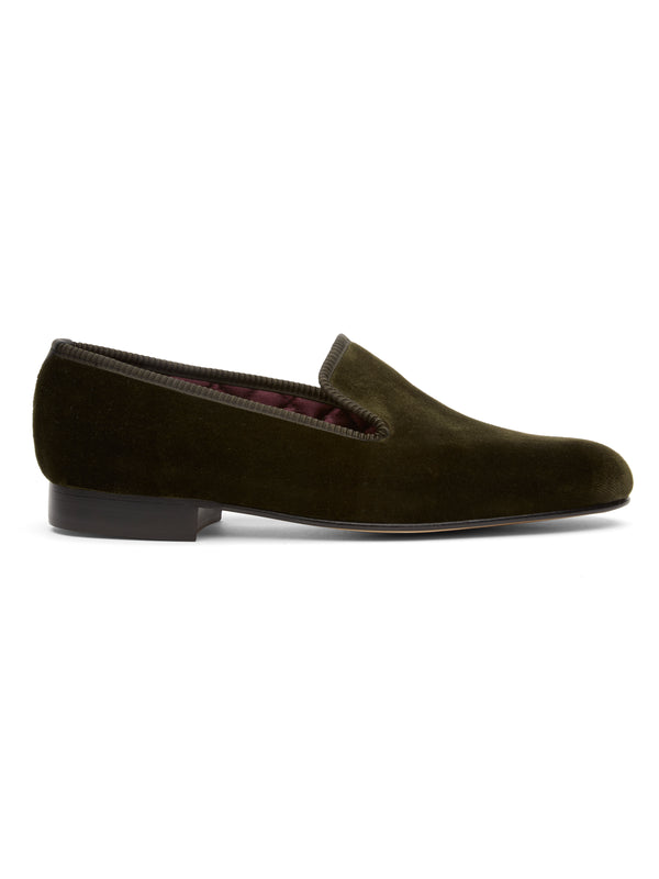 favourbrook Olive Velvet Cotton & Leather Slippers