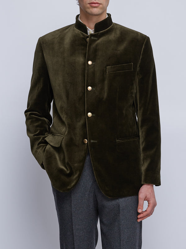 Favourbrook Olive Velvet Nehru Jacket Button Cuff