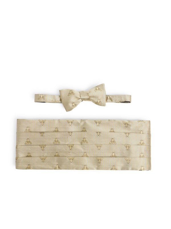 favourbrook Gold Bees Silk Pleated Cummerbund & Bow Tie Set