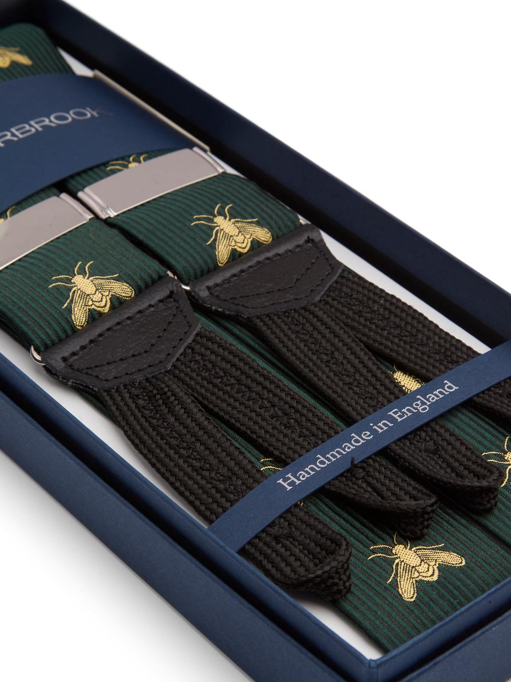 Favourbrook Green Gold Bees Black Leather Silk Braces