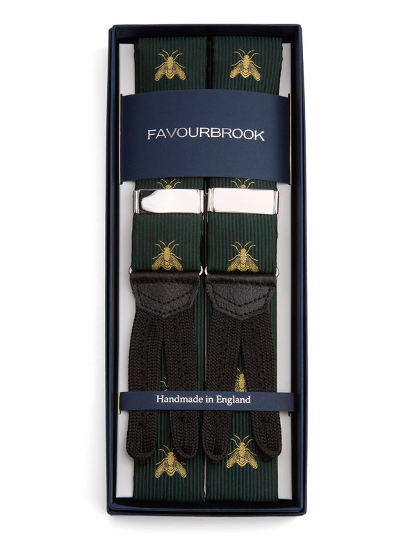 favourbrook Green Gold Bees Black Leather Silk Braces