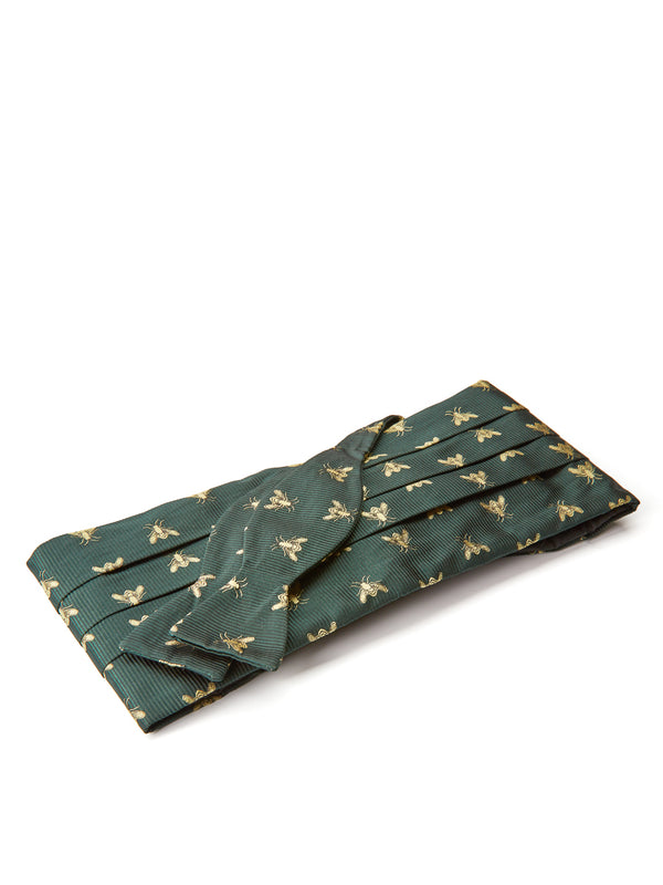 favourbrook Green Gold Bees Silk Pleated Cummerbund & Bow Tie Set