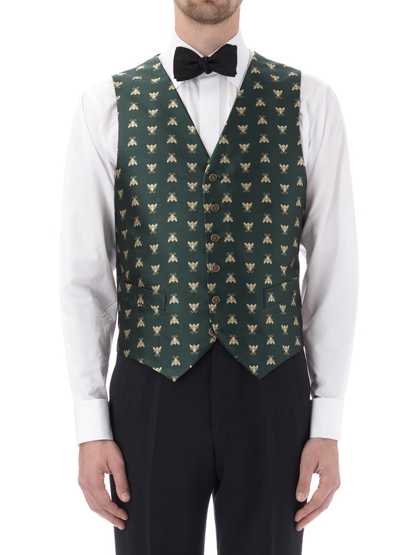 favourbrook Green Gold Bees Silk Single Breasted Waistcoat