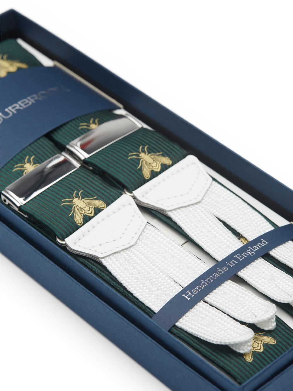 Favourbrook Green Gold Bees White Leather Silk Braces