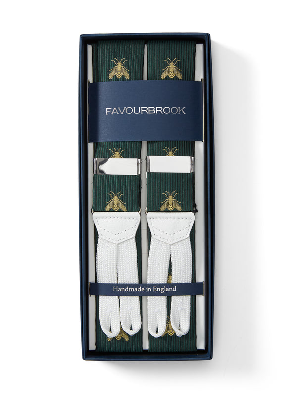 favourbrook Green Gold Bees White Leather Silk Braces