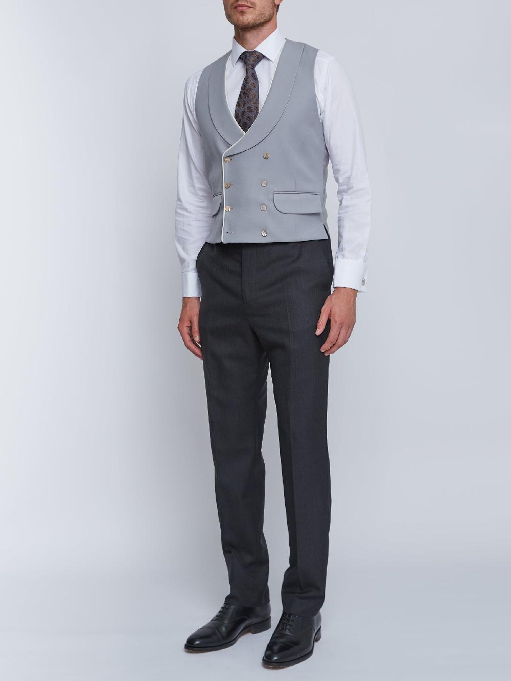 Favourbrook Grey Gabardine Wool Double Breasted Waistcoat With Piping