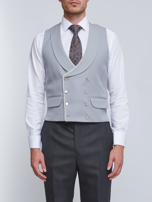 favourbrook Grey Gabardine Wool Double Breasted Waistcoat with Piping