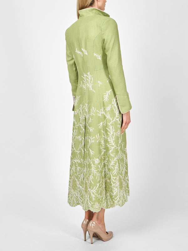 Favourbrook Long Swing Coat Apple Green Rushden Crease Resist Linen