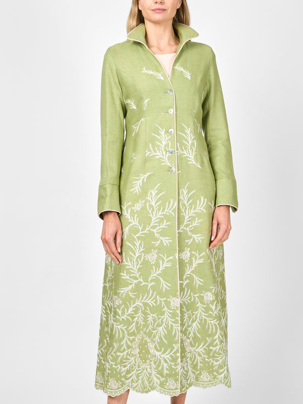 Favourbrook Long Swing Coat Apple Green Rushden Crease Resist Linen