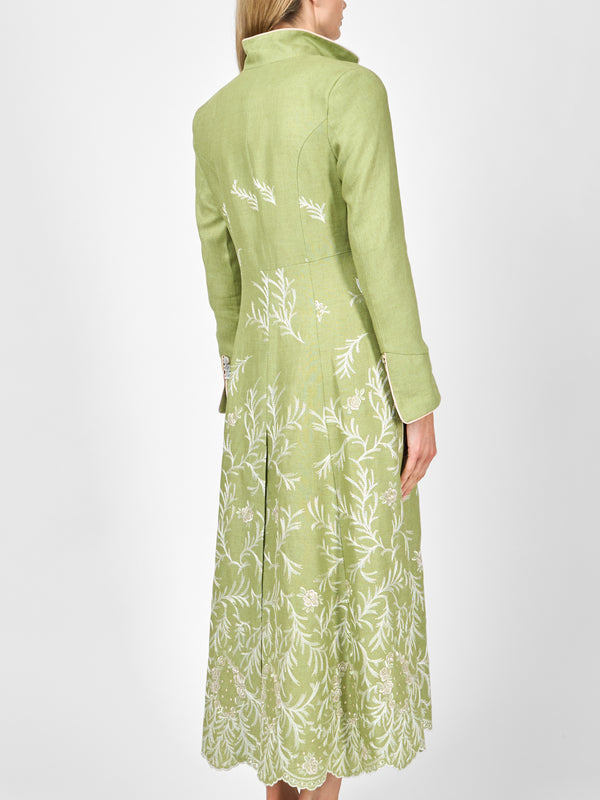 Favourbrook Long Swing Coat Apple Green Rushden Crease Resist Linen