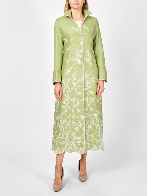 favourbrook Long Swing Coat Apple Green Rushden Crease Resist Linen