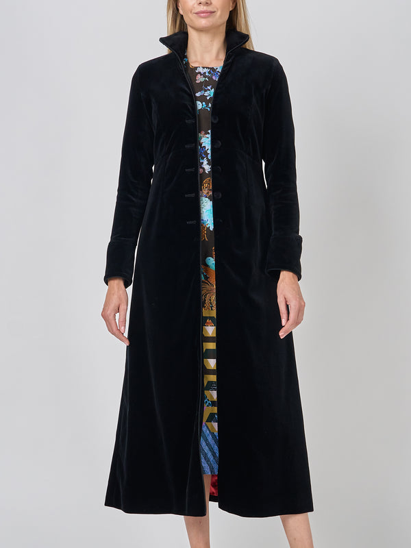 Favourbrook Long Swing Coat Black Plain Cotton Velvet
