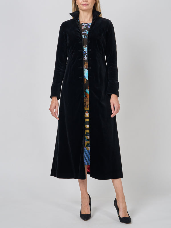 favourbrook Long Swing Coat Black Plain Cotton Velvet