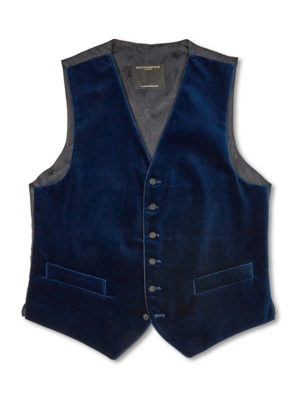 favourbrook Marine Blue Velvet Cotton Single Breasted Waistcoat with Piping