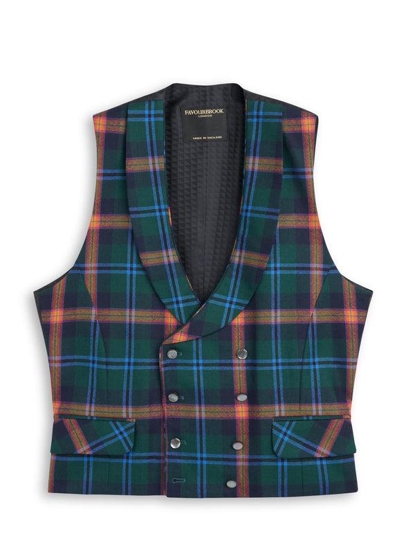 favourbrook Multi Tartan Wool Double Breasted Waistcoat with Piping