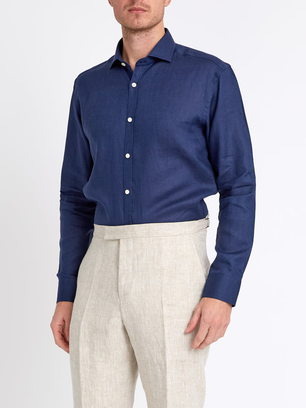 Favourbrook Navy Bridford Linen Cutaway Collar Shirt