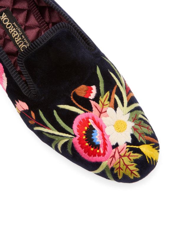 Favourbrook Navy Embroidered Velvet Cotton & Leather Slippers