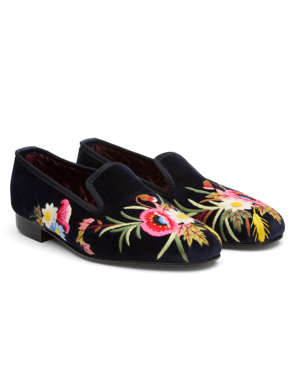 Favourbrook Navy Embroidered Velvet Cotton & Leather Slippers